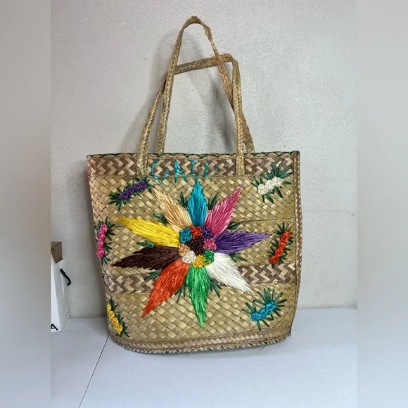 vintage bohemian Straw Multi Color Floral Embroidered GAIL Oversized Tote Bag - Picture 1 of 11